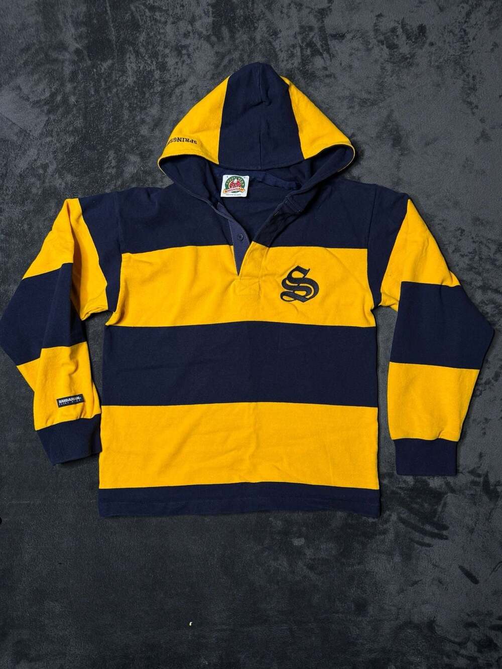 Barbarian Rugby Wear Hoodie Size S Navy Yellow Striped